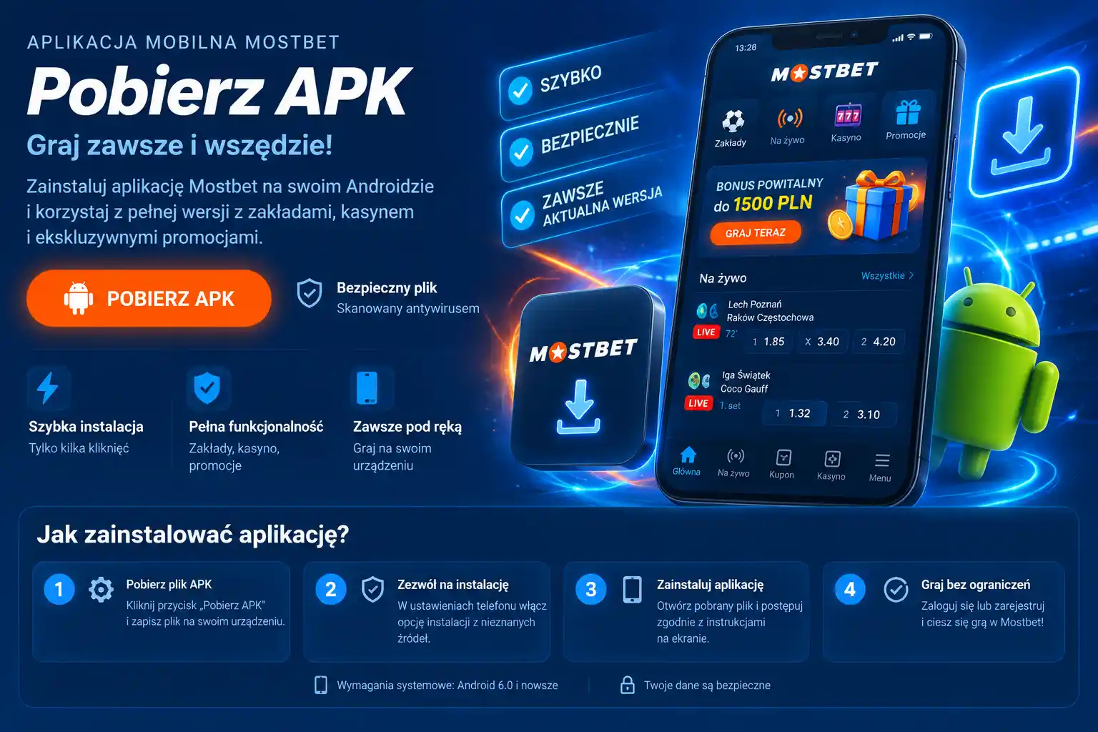 Strona pobierania aplikacji Mostbet – widok przycisku pobierania APK i instrukcji instalacji