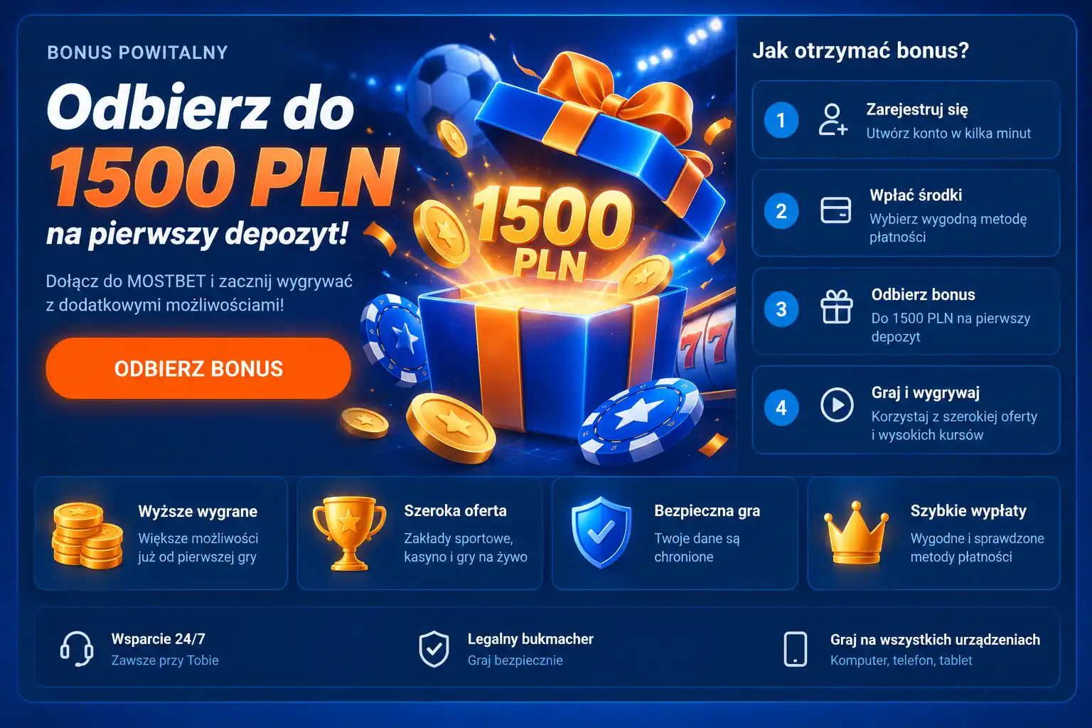 Sekcja bonusów na stronie Mostbet – widok dostępnych ofert powitalnych z warunkami w języku polskim
