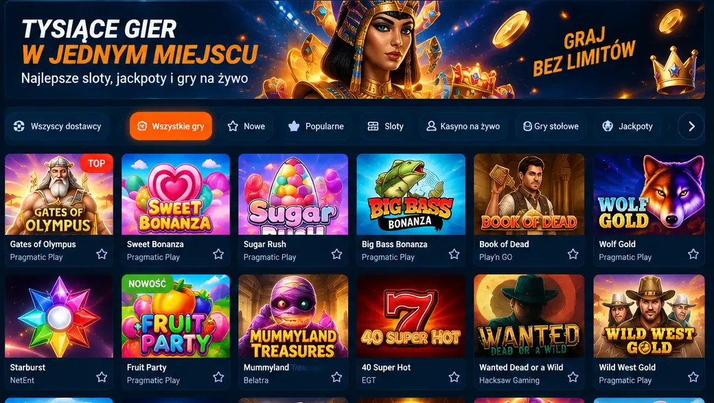 Lobby kasynowe Mostbet – widok siatki gier z filtrami kategorii i dostawców