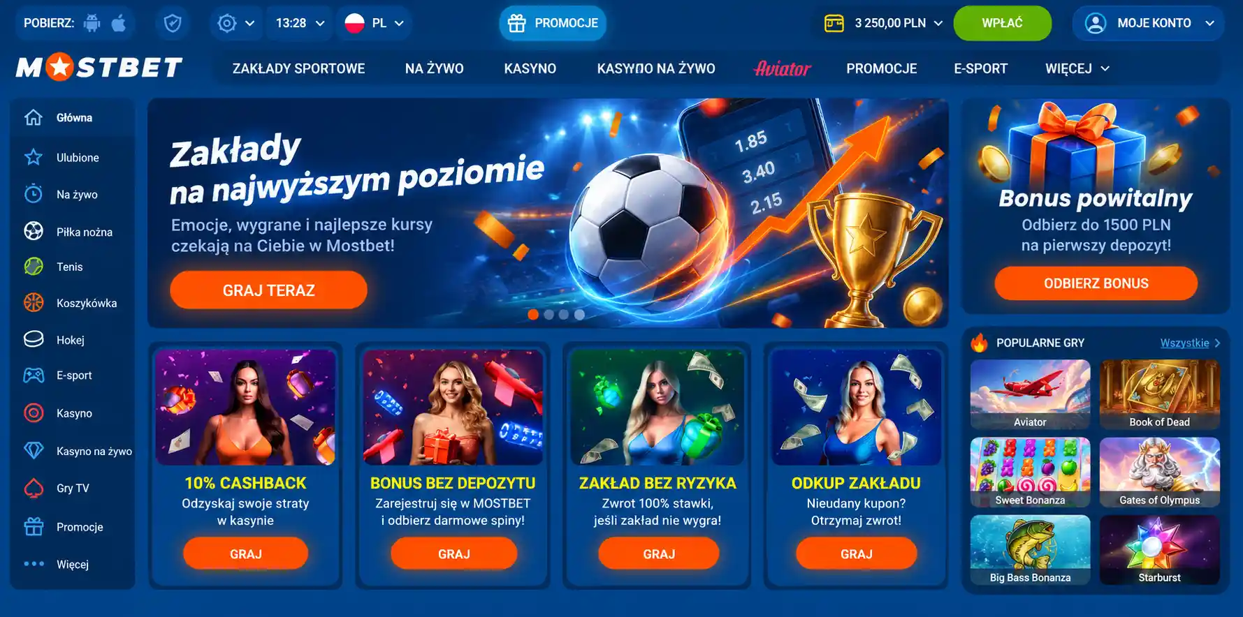 Strona główna Mostbet – widok po zalogowaniu w wersji polskiej