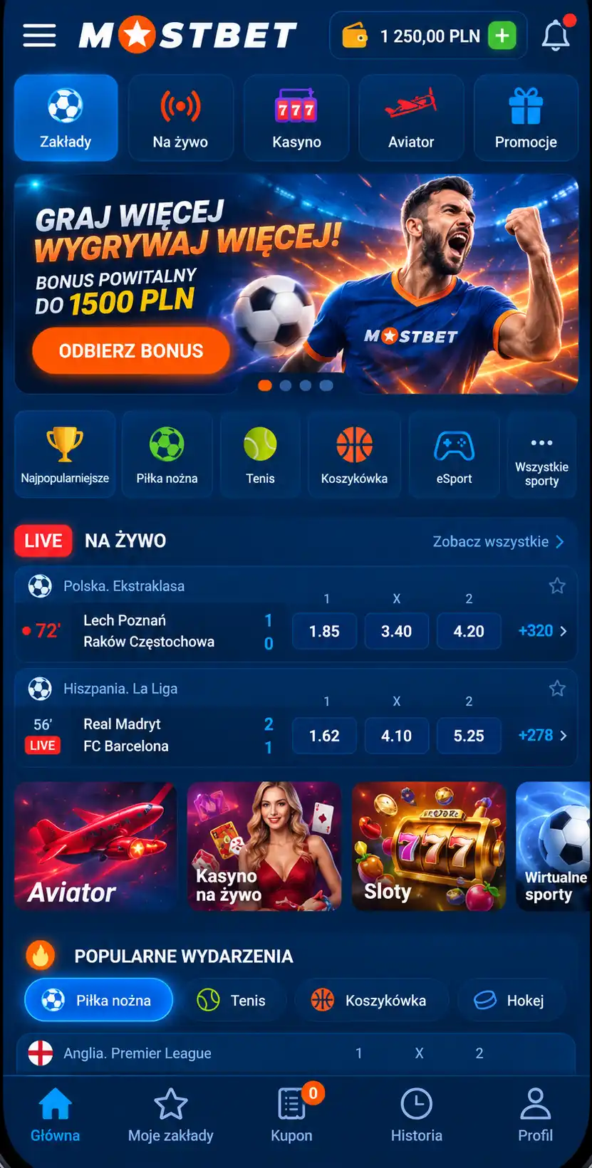 Interfejs Mostbet na urządzeniu mobilnym – główny ekran po zalogowaniu