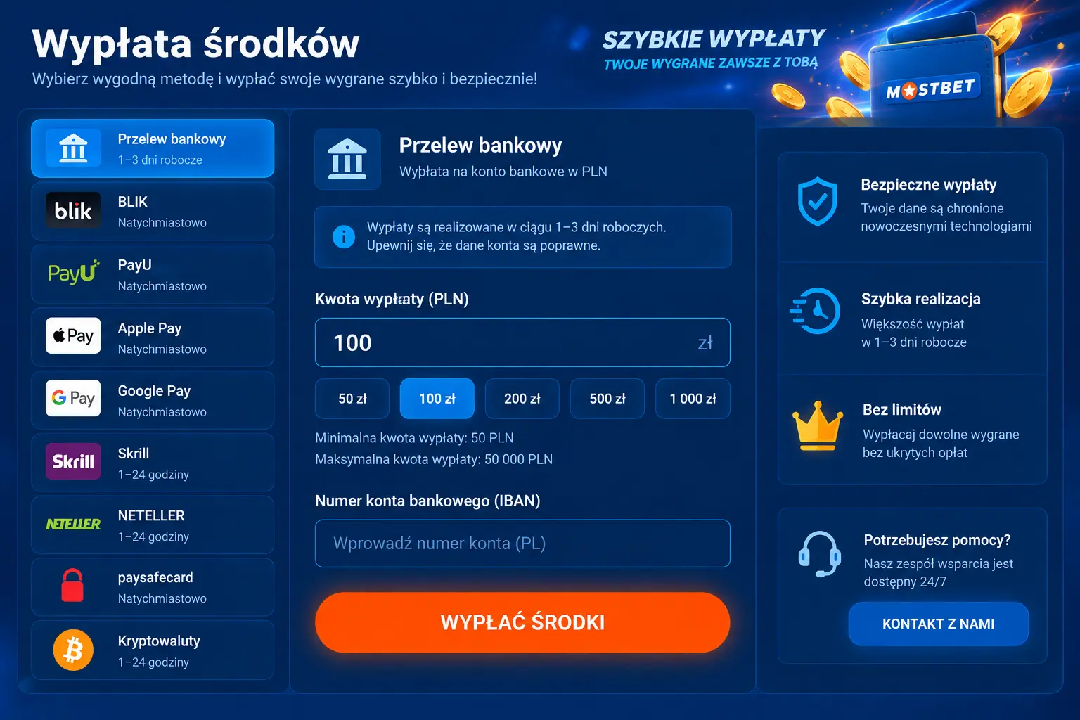 Panel płatności Mostbet – widok sekcji wypłaty z dostępnymi metodami i polami kwoty w zł