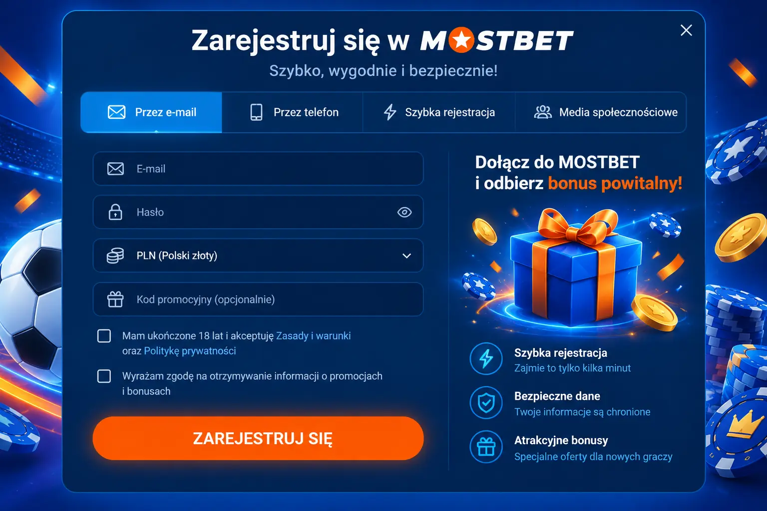 Formularz rejestracji Mostbet – widok strony z czterema zakładkami metod rejestracji
